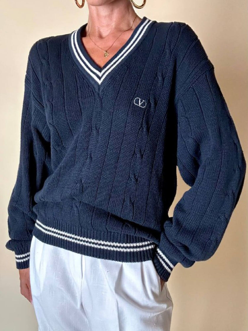 Pullover Valentino Garavani in cotone blu navy con dettagli bianchi