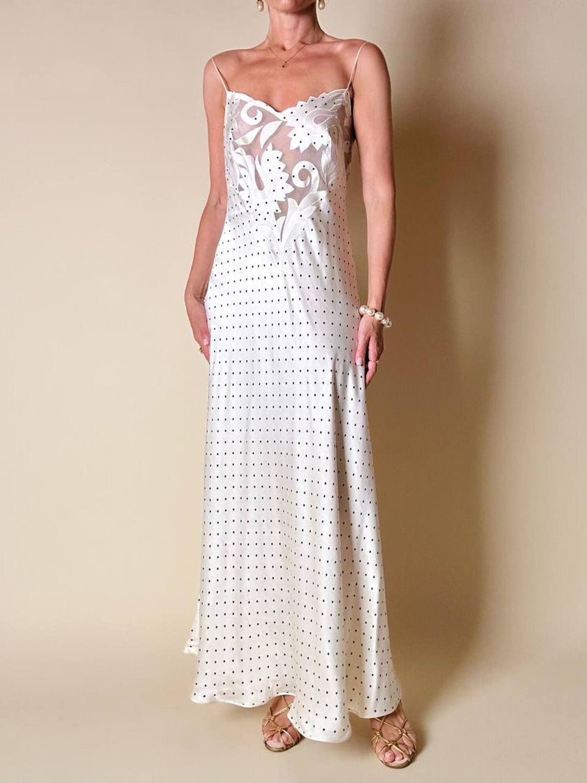 Slip dress in seta avorio a pois neri con corpetto lavorato “La Perla”
