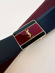Cintura vintage Yves Saint Laurent double face blu navy e bordeaux con fibbia smaltata con logo YSL