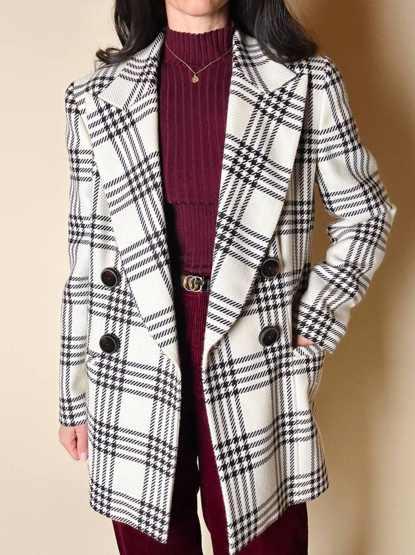 Blazer vintage Gai Mattiolo doppiopetto in lana panna con fantasia principe di Galles testa di moro