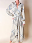 Abito Guy Laroche in crepe beige fantasia geometrica nera e azzurra