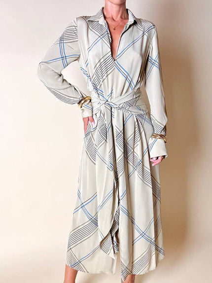 Abito Guy Laroche in crepe beige fantasia geometrica nera e azzurra