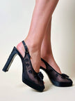 Slingback con plateau in raso di seta e rete ricamata “Gianni Versace”