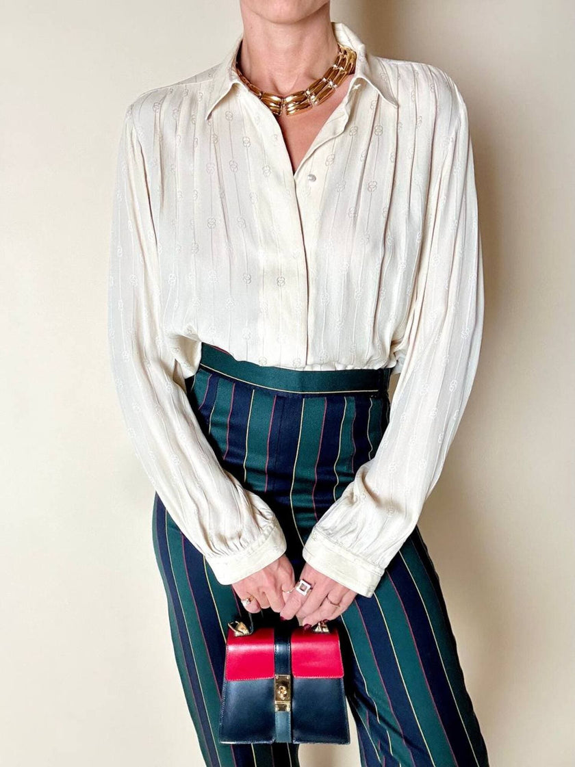 Camicia sartoriale in pura seta jacquard color crema con loghi Gucci