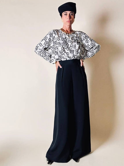 Blusa Yves Saint Laurent in tessuto jacquard bianco e nero fantasia Domino