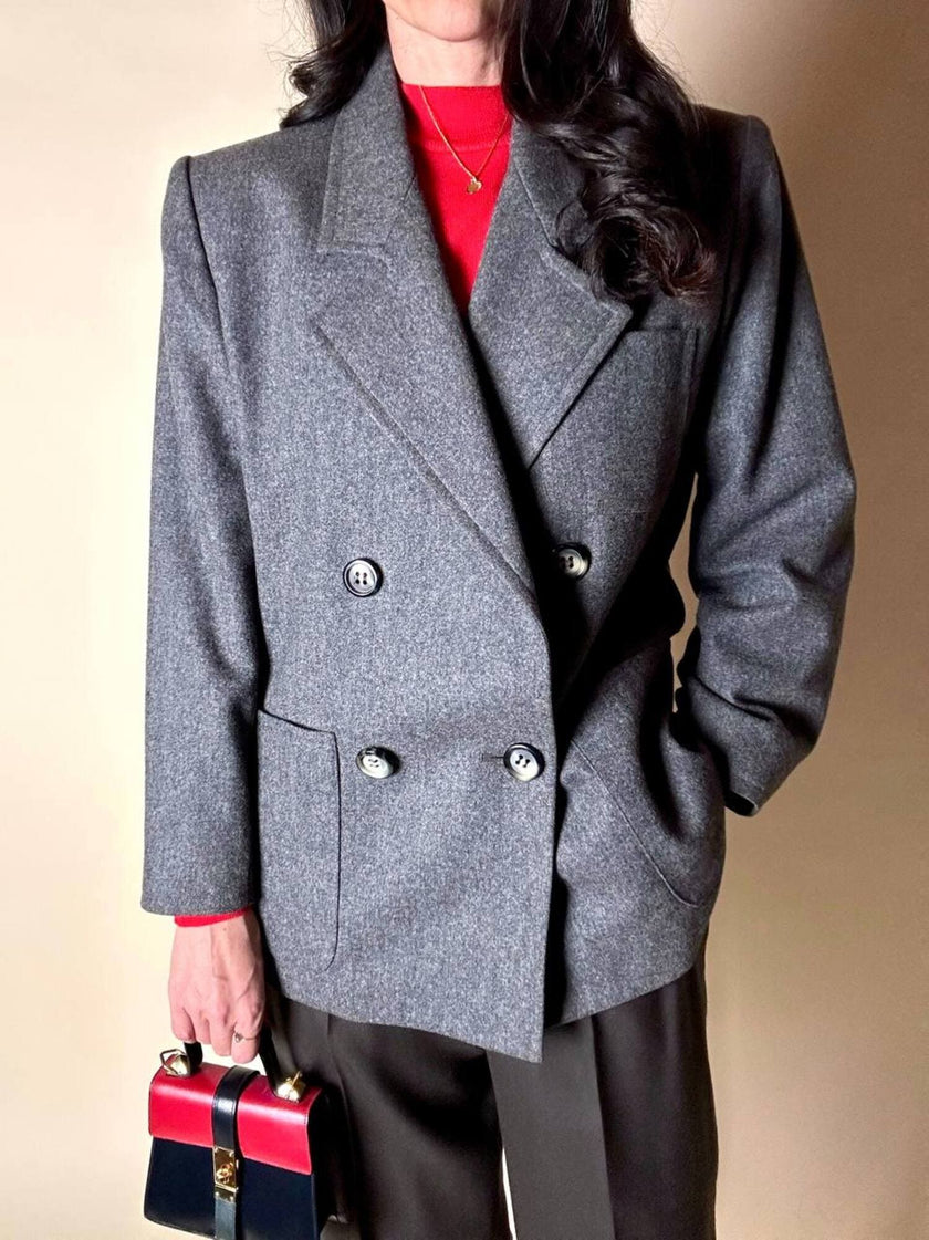 Blazer doppiopetto Yves Saint Laurent in panno di lana mélange grigio antracite