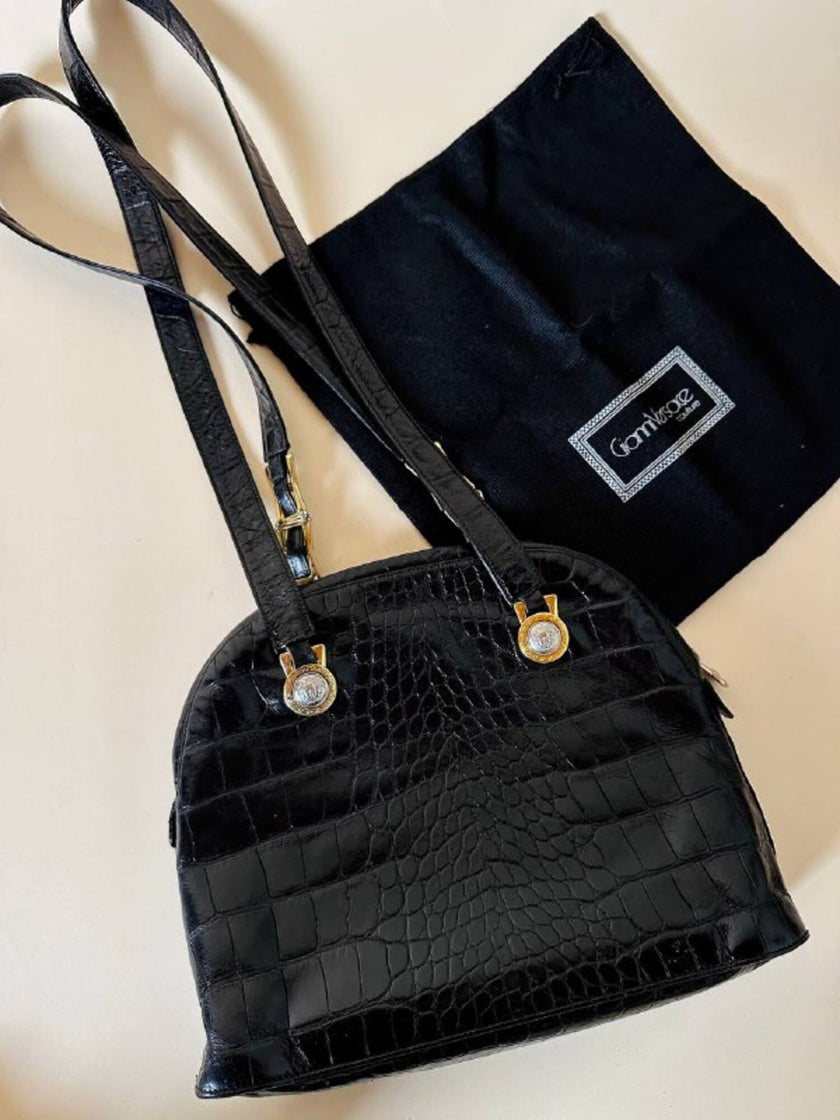 Borsa nera in pelle stampa coccodrillo “Gianni Versace”