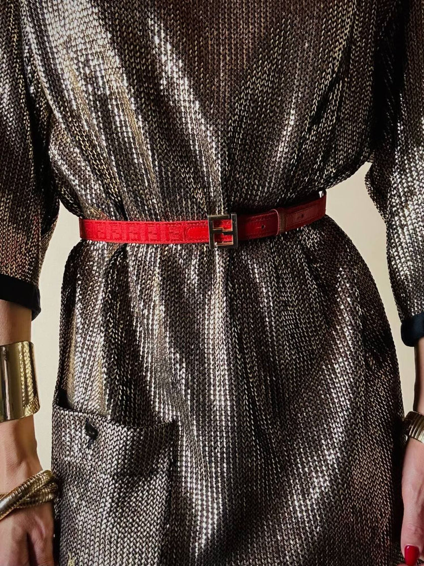 Cintura rossa in tessuto Jaquard con fibbia logo dorata “Fendi”