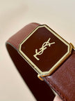 Vintage Yves Saint Laurent tan leather belt with an octagonal enamel buckle and YSL logo