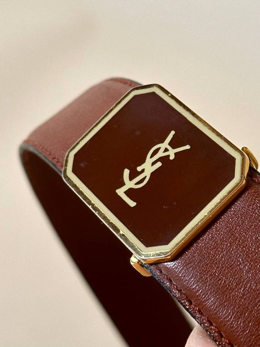 Vintage Yves Saint Laurent tan leather belt with an octagonal enamel buckle and YSL logo