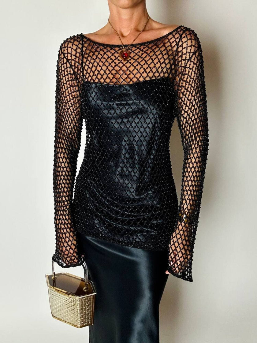 Maglia gioiello vintage List in rete operata con microperline nere