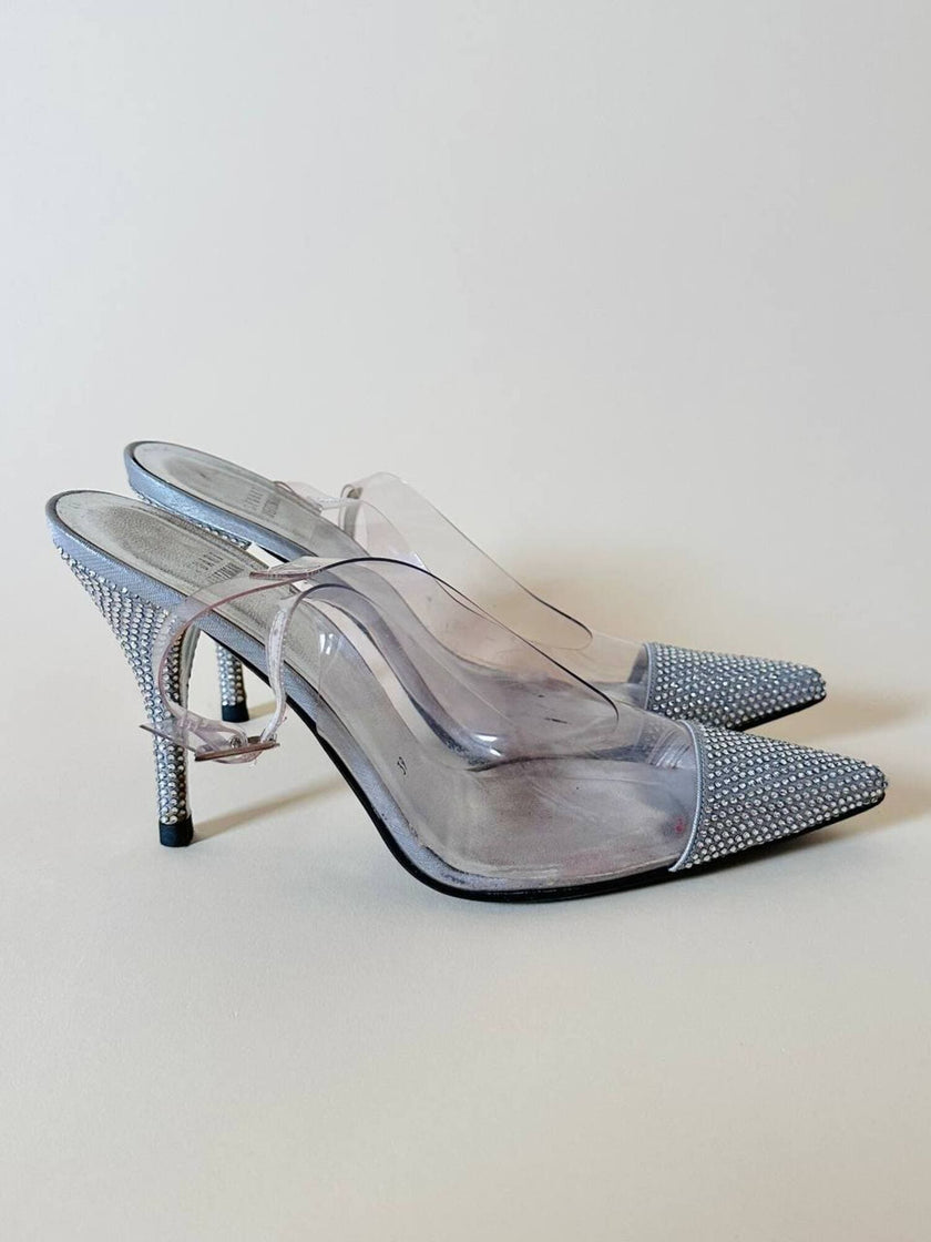 Slingback vintage a punta in plexi e strass argento Stuart Weitzman
