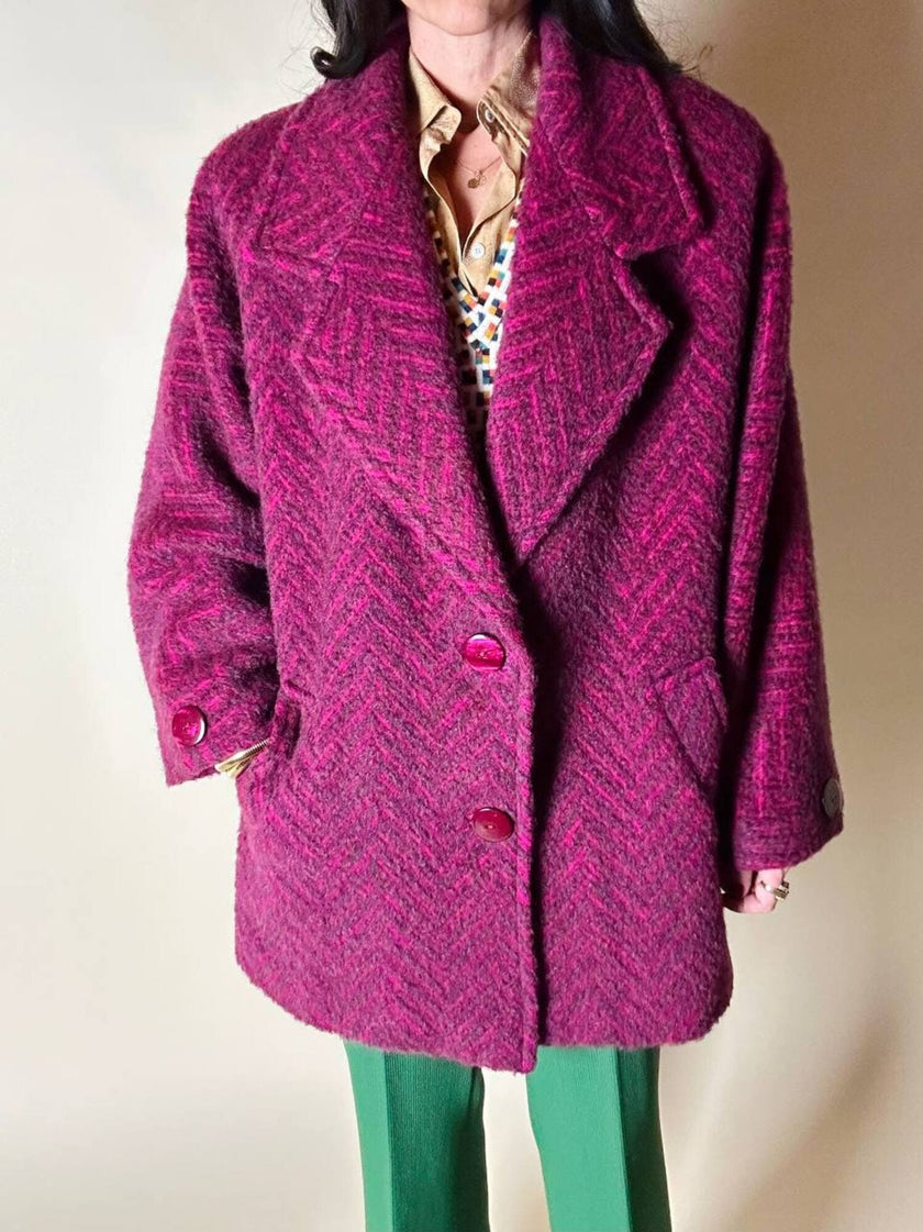 Capottino vintage spinato in tweed di lana e mohair magenta e prugna