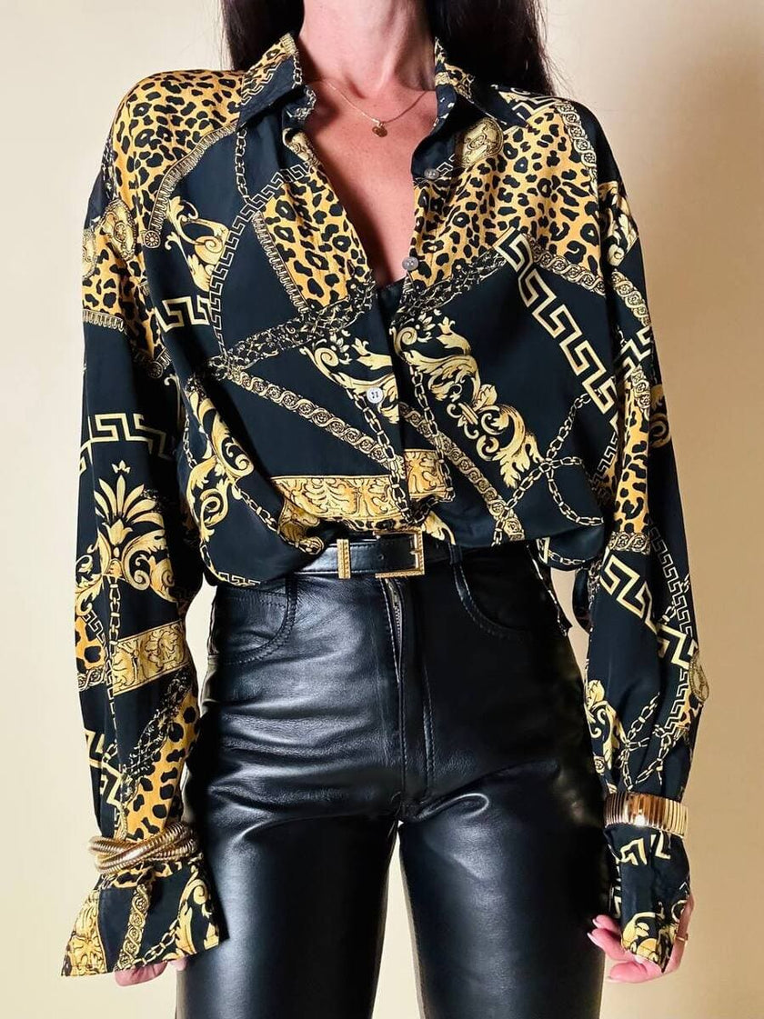 Camicia in seta opaca nera fantasia barocca