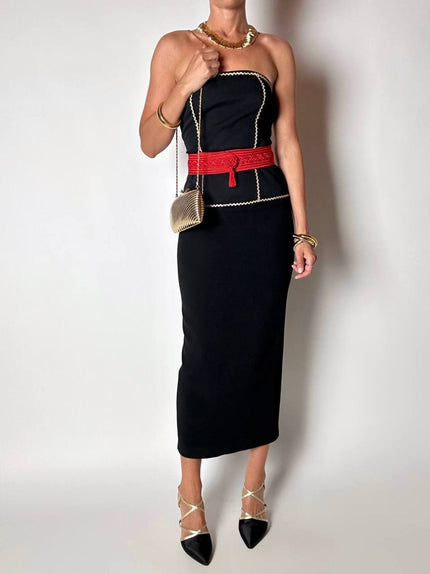 Bustier vintage Yves Saint Iaurent in tessuto nero rifinito con serpentina in lamé oro