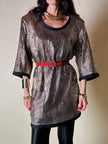 Mini dress oro in tessuto operato con profili neri in raso nero  “Yves Saint Laurent”