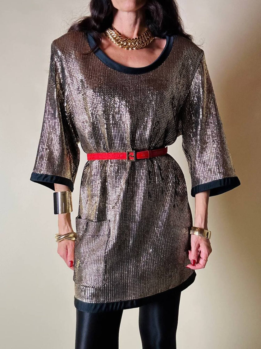 Mini dress oro in tessuto operato con profili neri in raso nero  “Yves Saint Laurent”