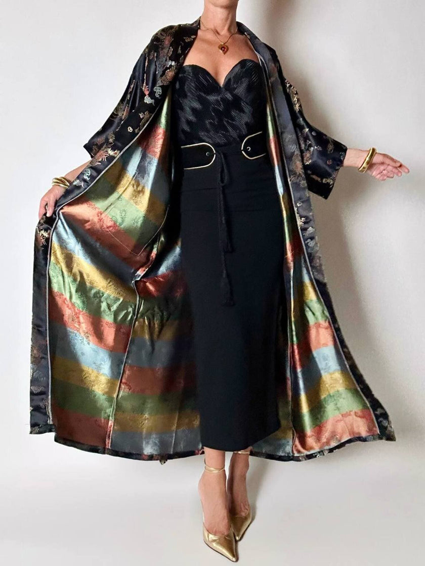 Langer Vintage-Kimono-Bademantel aus schwarzem Jacquard-Satin mit Drachen- und Blumenmotiven