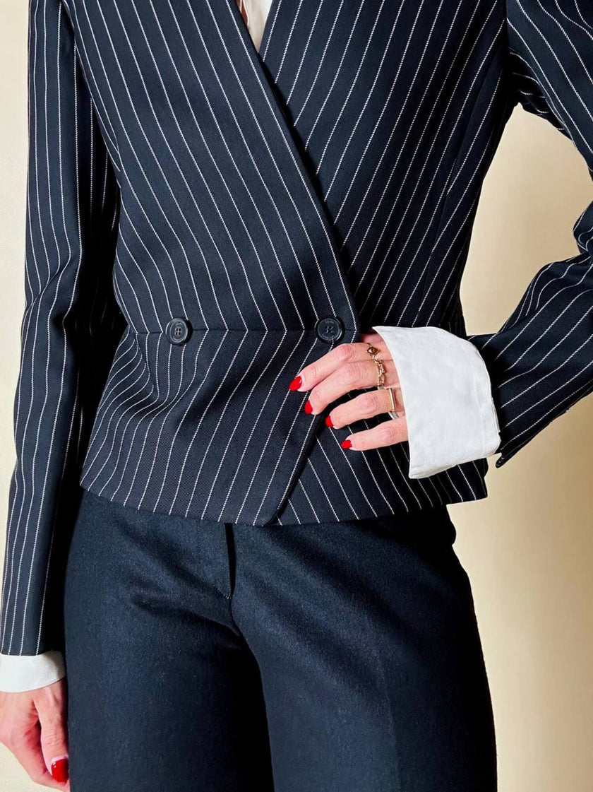 Mini blazer doppiopetto gessato in lana nera “Salvatore Ferragamo”