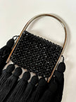 Borsa gioiello vintage in perline nere sfaccettate e maxi nappe couture