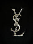 T-shirt vintage Yves Saint Laurent in cotone nero con logo YSL in lamé argento e strass