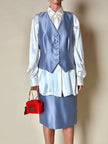 Completo gonna/gilet in raso grigio azzurro “Yves Saint Laurent”