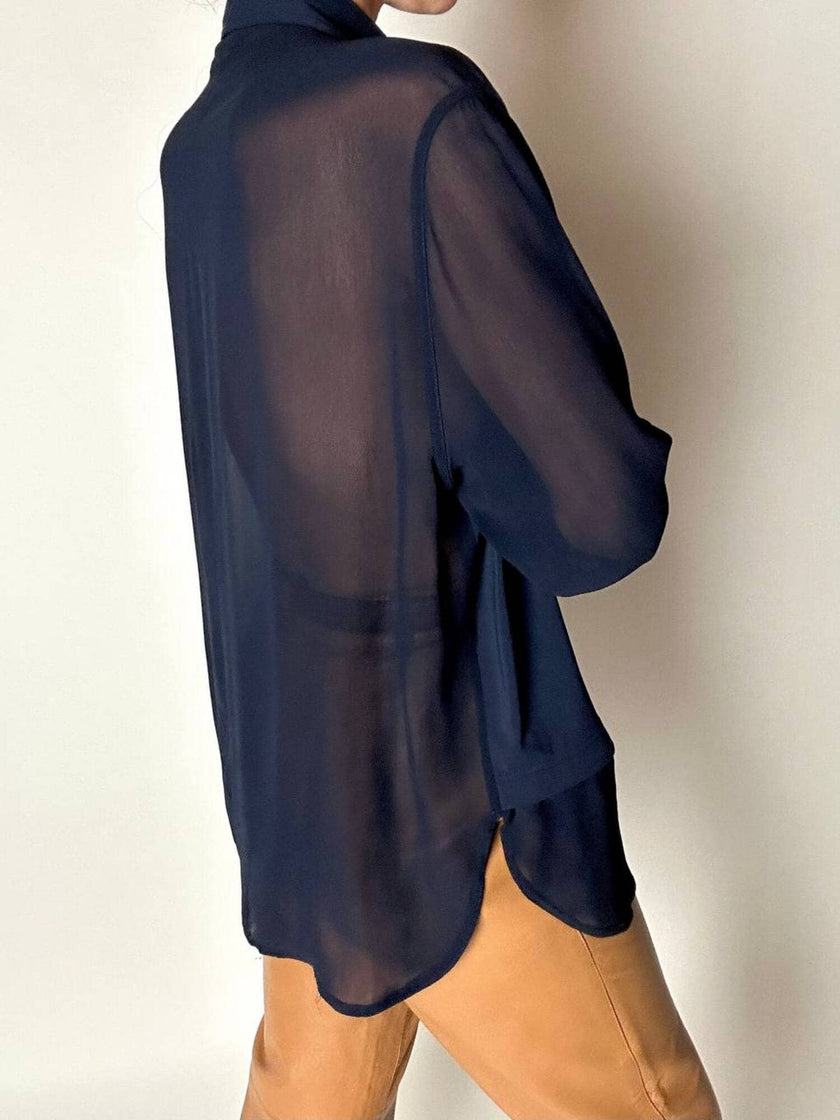 Camicia vintage Fendi Jeans blu navy con dettagli in crepe chiffon e bottoni in madreperla
