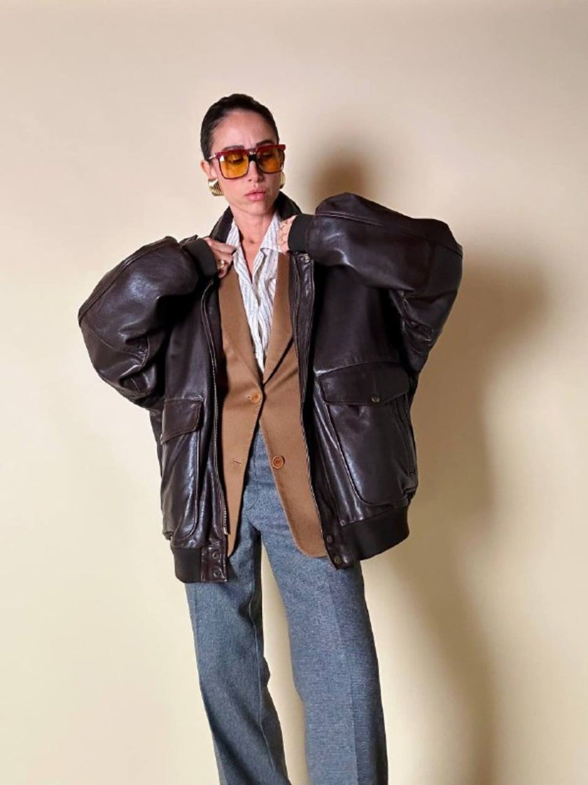 Bomber aviator oversize in pelle testa di moro