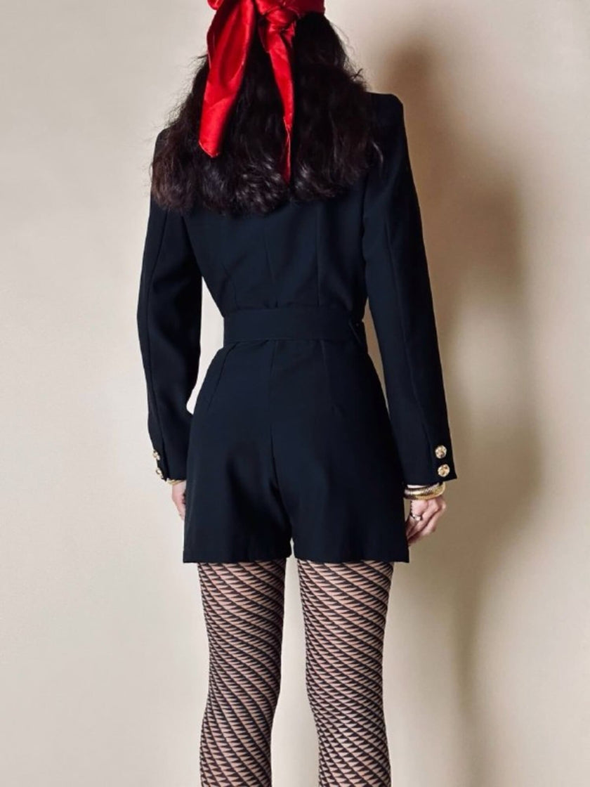 Mini Jumpsuit nera in rasato di lana con bottoni gioiello e cintura in coordinato