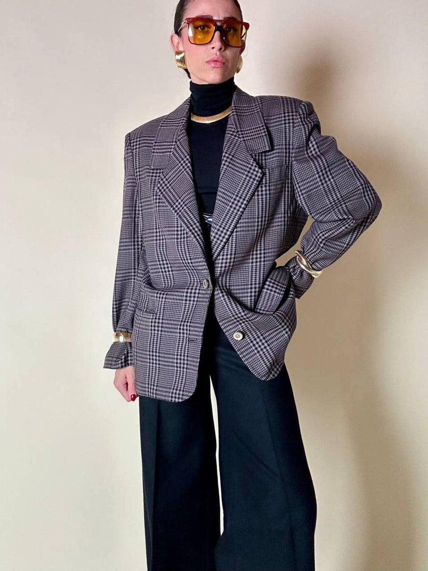 Blazer sartoriale in rasato di lana principe di Galles fango e nero