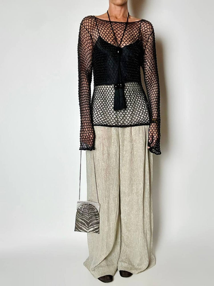 Maglia gioiello vintage List in rete operata con microperline nere