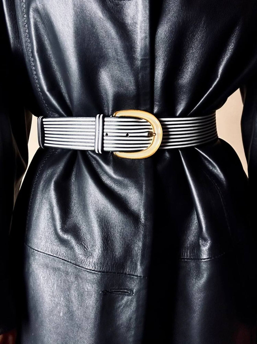 Vintage Valentino Garavani black and white striped belt with metal and resin hardware