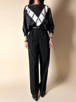 Blusa vintage in pelle nera e bianca patchwork con lavorazione crochet e maniche a pipistrello