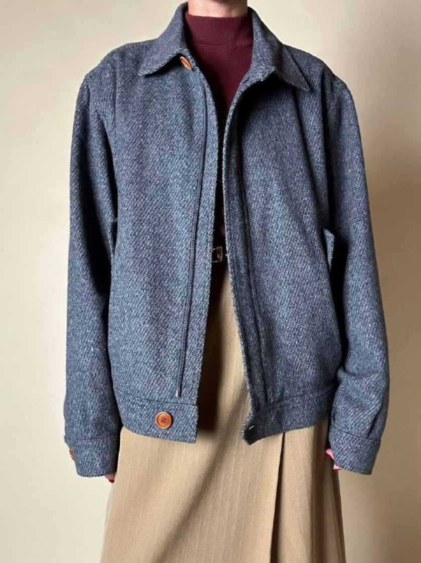 Bomber Yves Saint Laurent in lana grigio mélange con bottoni color cuoio