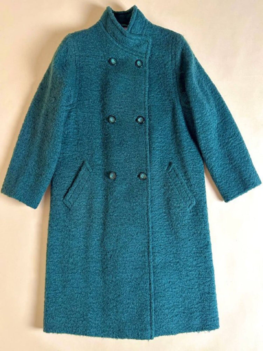 Cappotto doppiopetto in lana bouclé verde bosco con fodera firmata