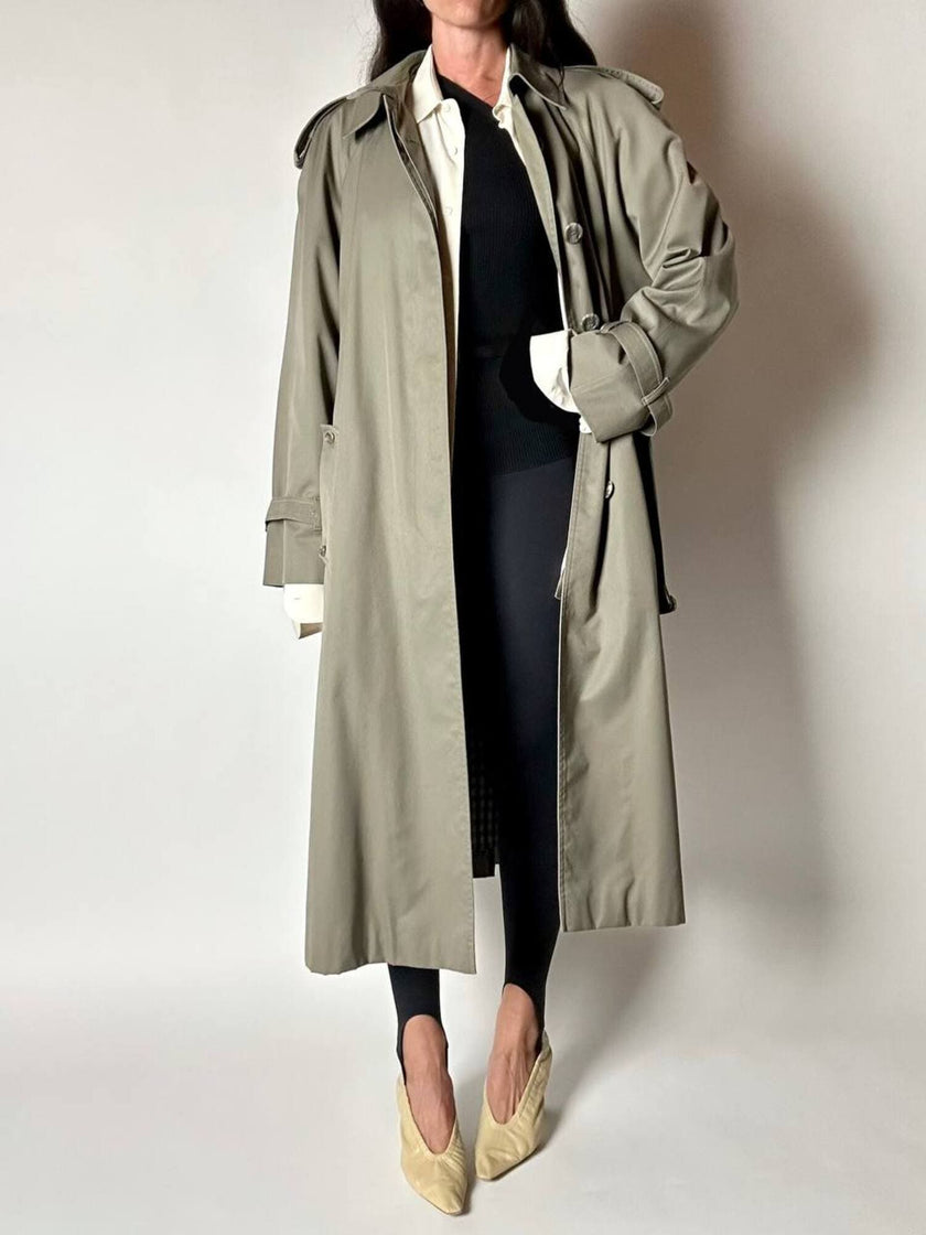 Vintage Aquascutum trench coat in khaki green gabardine with matching belt