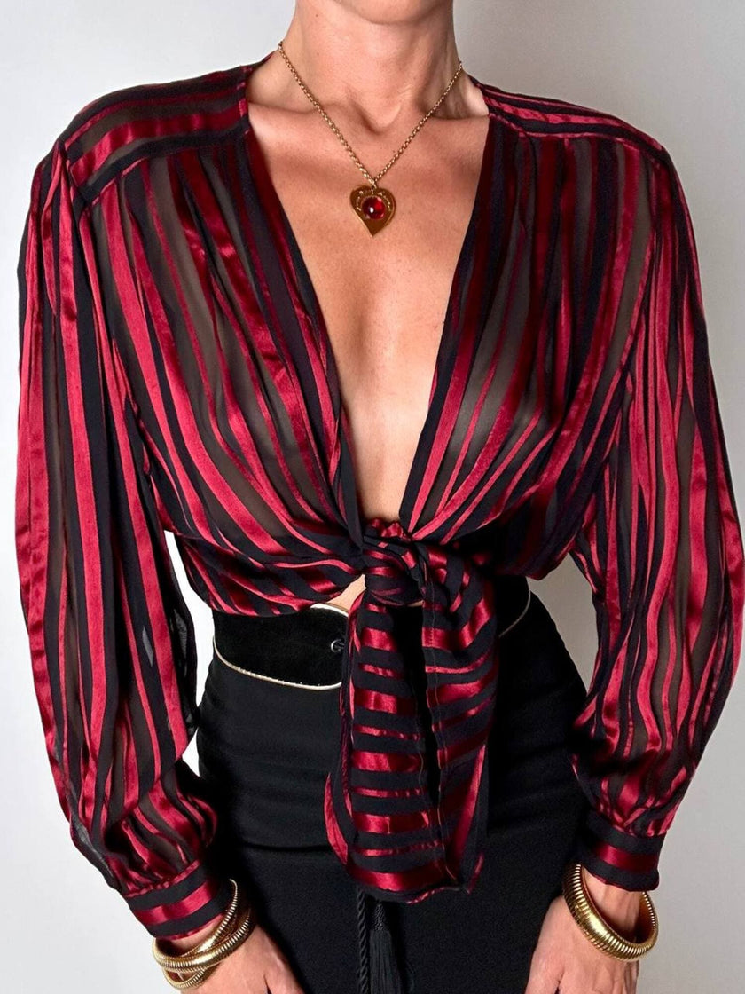 Camicia vintage in tessuto dévoré a righe bordeaux e nero