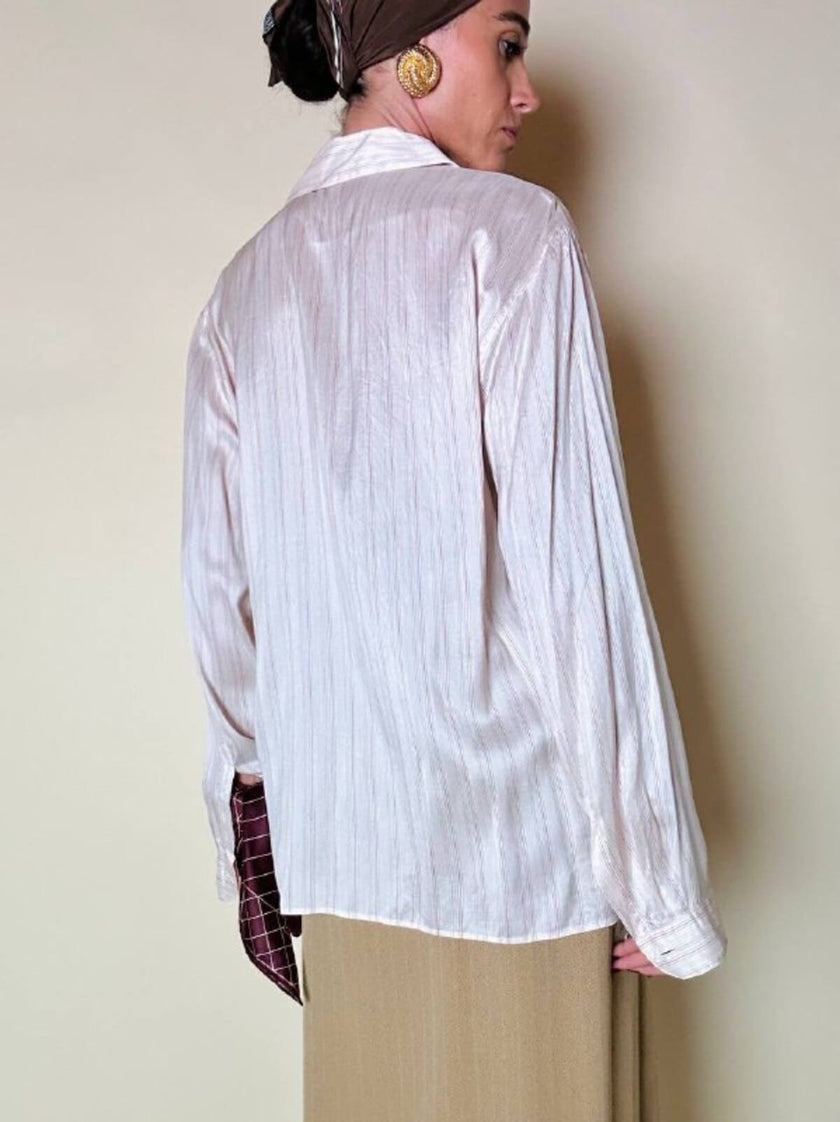 Camicia in seta rosa pallido a micro righe grigie e bordeaux “Calbros”