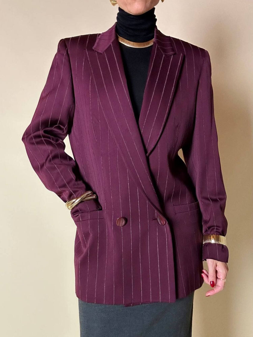 Blazer doppiopetto in rasato di lana gessato color burgundy “Gianni Versace”