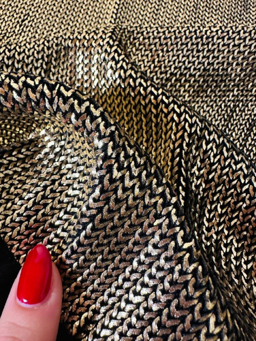 Mini dress oro in tessuto operato con profili neri in raso nero  “Yves Saint Laurent”