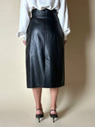 Gonna longuette vintage in pelle nera con cinturini regolabili in vita
