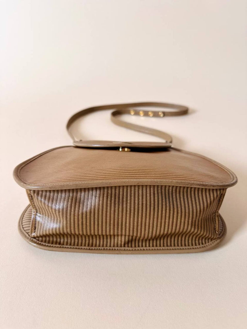 Borsa Yves Saint Laurent in tessuto plastificato millerighe color cammello con riporti in pelle argilla