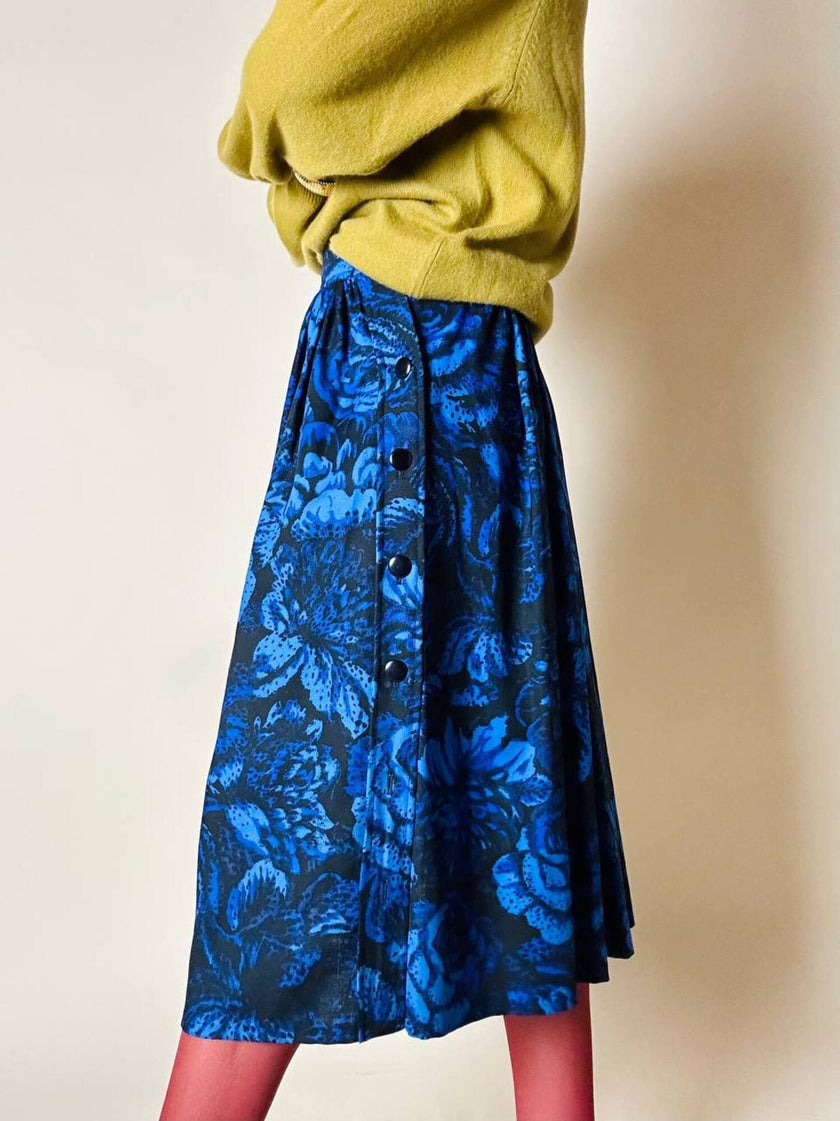 Gonna a ruota Yves Saint Laurent Variation in lana blu elettrico con fantasia floreale nera