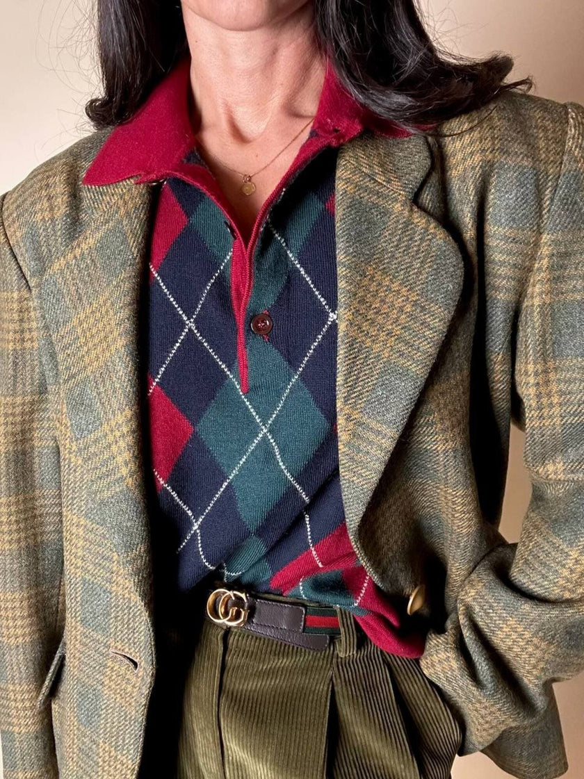 Blazer Yves Saint Laurent de lana con estampado de Príncipe de Gales verde y ocre