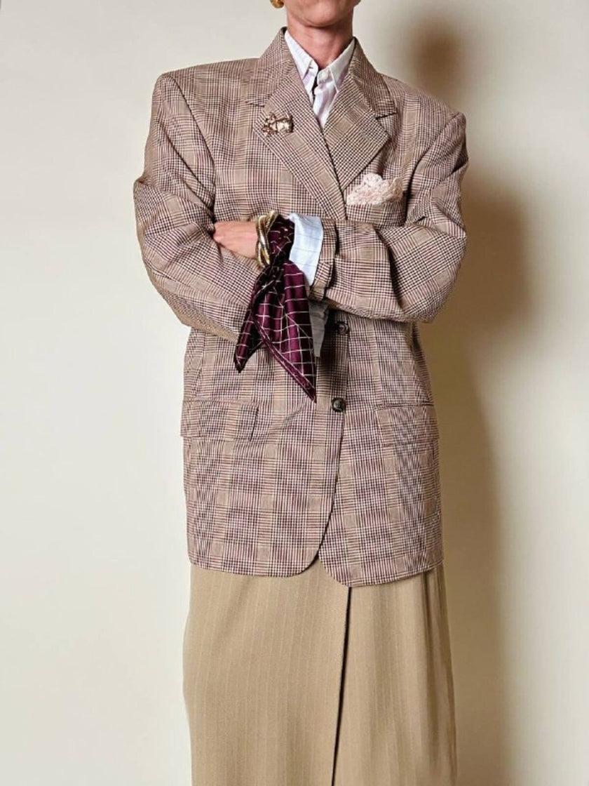 Blazer oversize in fresco di lana principe di Galles beige e marrone Vincam