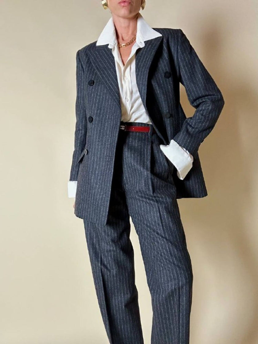 Tailleur gessato giacca/pantalone in lana grigio antracite “Antonio Fusco”