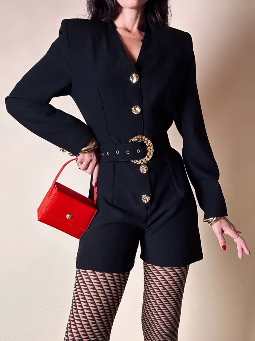 Mini Jumpsuit nera in rasato di lana con bottoni gioiello e cintura in coordinato