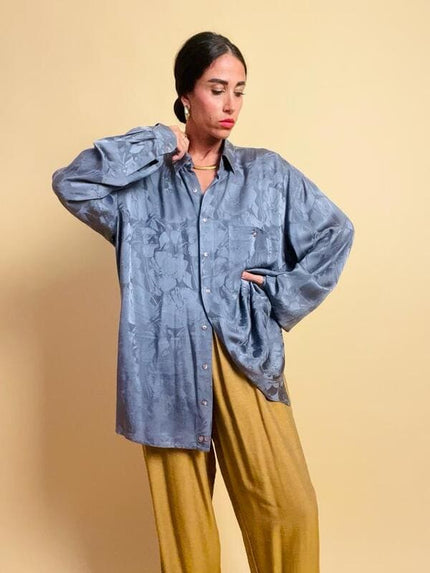 Camicia oversize in seta jaquard color ardesia