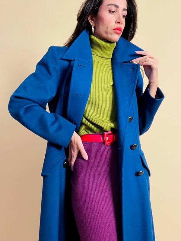 Maxi cappotto in lana color blu petrolio 