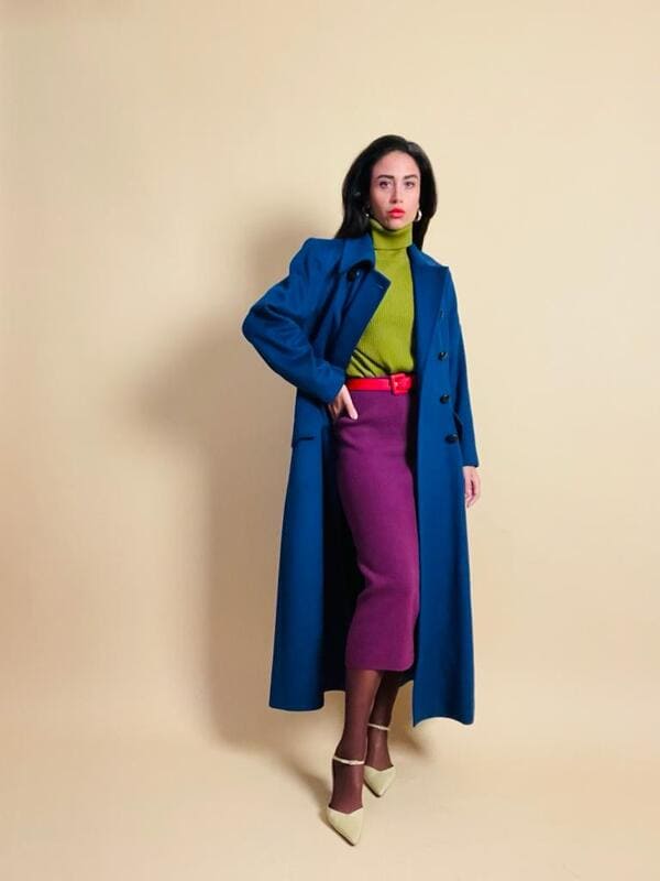 Maxi cappotto in lana color blu petrolio 